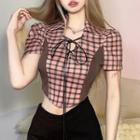 Short-sleeve Check Panel Lace-up Top