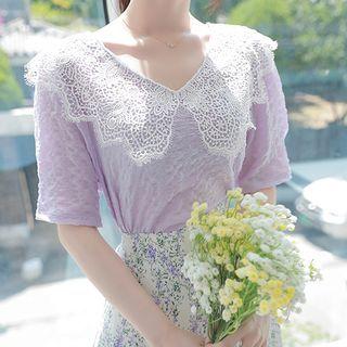 V-neck Lace-collar Crinkled Top