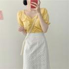Short-sleeve Plain Blouse / Floral Embroidered Midi Skirt