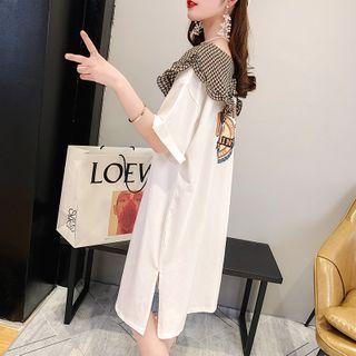 Elbow-sleeve Houndstooth Collar A-line Dress