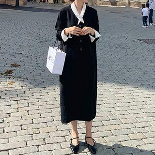 Contrast Trim Long-sleeve Midi Shift Dress