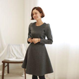 Puff-sleeve Wool Blend A-line Dress