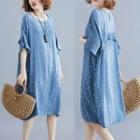 Dotted Elbow-sleeve Chiffon Dress Blue - One Size