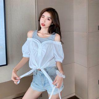 Mock Two-piece Cold-shoulder Blouse White - One Size