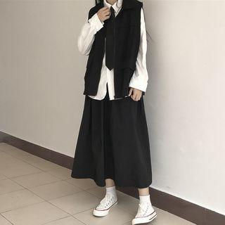 Open Front Cargo Vest / Long-sleeve Tie-neck Shirt / Midi A-line Skirt