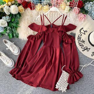 Long-sleeve Cold Shoulder Ruffled Wide-leg Playsuit