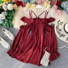 Long-sleeve Cold Shoulder Ruffled Wide-leg Playsuit