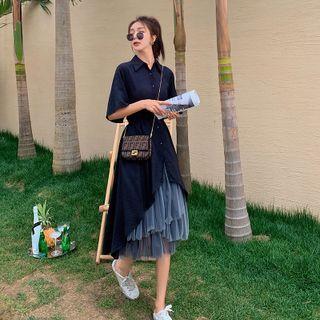 Set: Short Sleeve Dip-back Shirtdress + Spaghetti Strap Mesh Panel Asymmetrical Dress