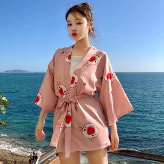 Elbow-sleeve Pig Print Tie-front Jacket