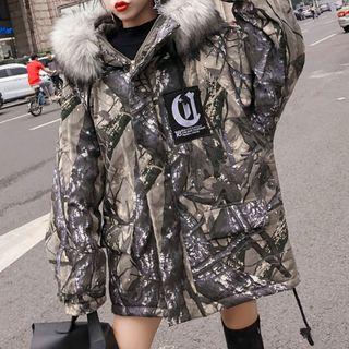 Furry-trim Print Zip Hooded Padded Jacket
