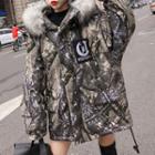 Furry-trim Print Zip Hooded Padded Jacket