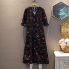 Short-sleeve V-neck Cherry Print Chiffon Dress