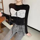 Long-sleeve Lace-panel Ruched Top