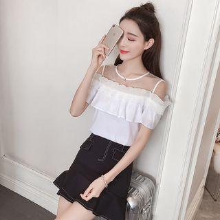 Set: Cutout Shoulder Ruffle Trim Short-sleeve Top + Ruffle Hem A-line Skirt