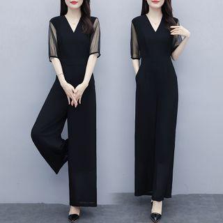Mesh Panel Short-sleeve Wide-leg Jumpsuit