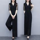 Mesh Panel Short-sleeve Wide-leg Jumpsuit