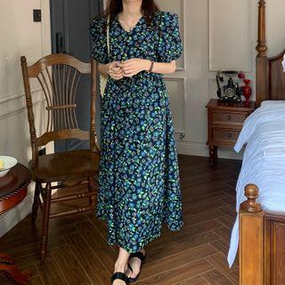 V-neck Floral Print Puff Sleeve Midi Dress