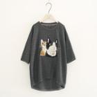Cat Embroidered Elbow-sleeve Dip Back T-shirt