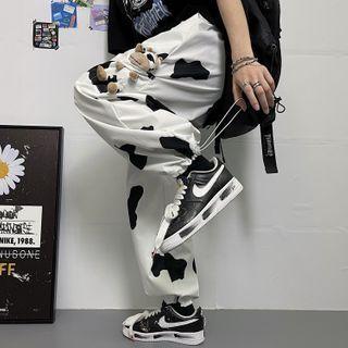 Cartoon Cow Accent Cow Print Drawstring-cuff Pants