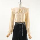 Flower Detail Shirt / Denim Midi A-line Skirt / Waist Chain / Set