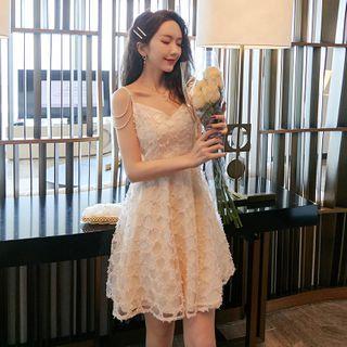 Spaghetti Strap Embellished Textured A-line Mini Dress