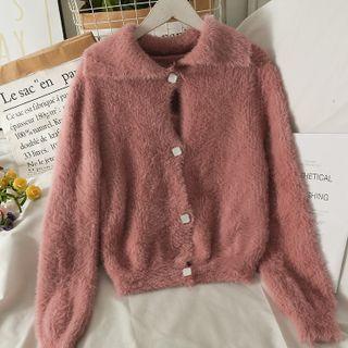 Set: Furry-knit Camisole Top + Collared Crew-neck Cardigan In 5 Colors