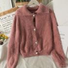 Set: Furry-knit Camisole Top + Collared Crew-neck Cardigan In 5 Colors