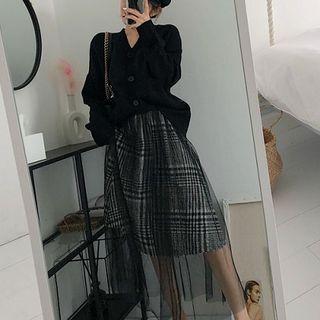 Plain V-neck Loose-fit Cardigan / Mesh Plaid Skirt