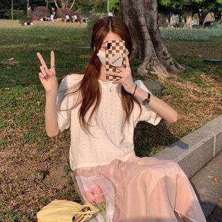 Short-sleeve Open-back Blouse / Midi A-line Skirt