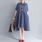 Elbow-sleeve Patterned A-line Midi Dress Blue - One Size