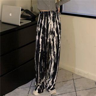 High-waist Tie-dye Pleated Straight-cut Pants Black - One Size