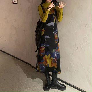 Mock-neck Long-sleeve T-shirt / Printed Strappy Midi A-line Dress