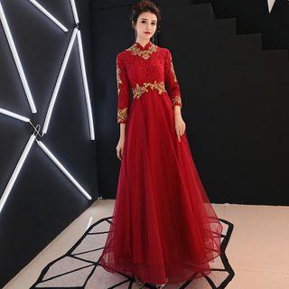 3/4-sleeve / Short-sleeve Mandarin Collar High-low Prom Dress / Gown