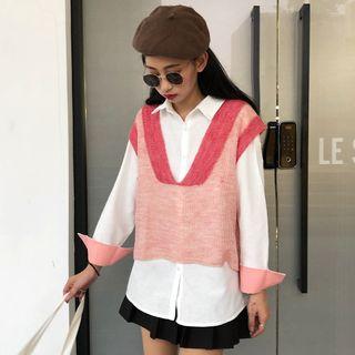 Set: Cropped Knit Vest + Shirt