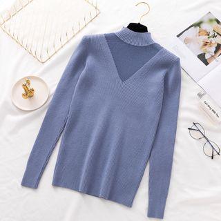 Mock-neck Sheer Panel Knit Top