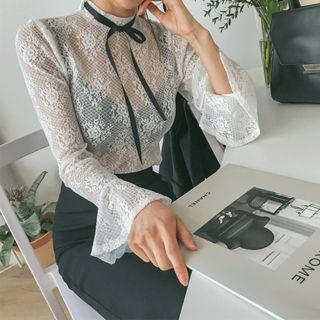 Ruffle-cuff Sheer Lace Top With Tie