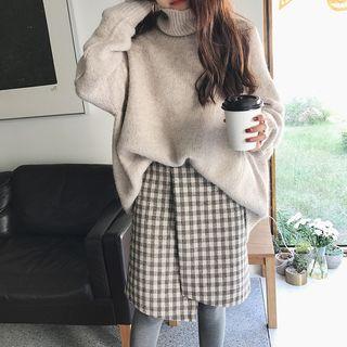 Set: Turtleneck Sweater + Plaid A-line Skirt