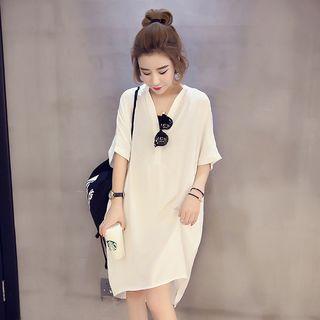 V-neck Elbow-sleeve Shirt Dress