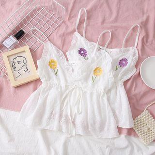 Flower-embroidered Eyelet Sleeveless Top