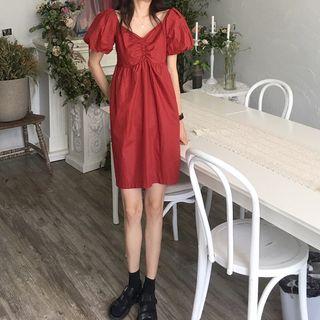Balloon Short-sleeve A-line Dress Red Brown - One Size