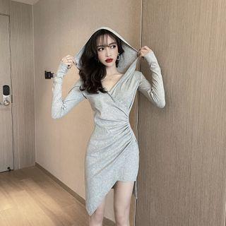 Long-sleeve Hooded Asymmetrical Mini T-shirt Dress