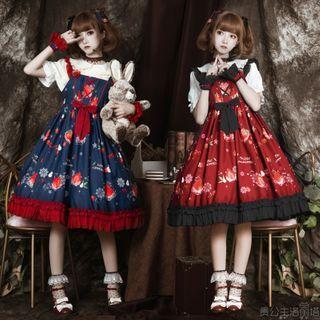 Strawberry Print Overall Dress / Bow Head Band / Choker / Hair Clip / Arm Sleeves / Set