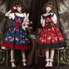 Strawberry Print Overall Dress / Bow Head Band / Choker / Hair Clip / Arm Sleeves / Set