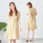 Short-sleeve Gingham Buttoned A-line Dress Yellow - One Size