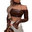 Long-sleeve Halter-neck Faux Leather Crop Top