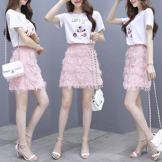 Set: Short-sleeve Print T-shirt + Fringe A-line Skirt