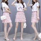 Set: Short-sleeve Print T-shirt + Fringe A-line Skirt
