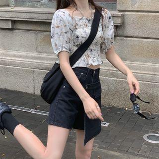 High-waist Asymmetric Denim Skort / Puff-sleeve Floral Shirred Blouse / Puff-sleeve Lace Trim Tie-waist Top