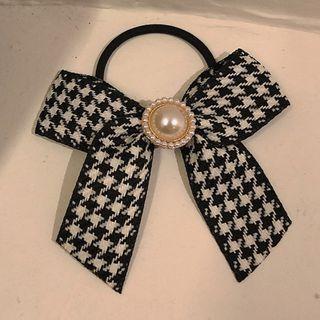 Houndstooth Ribbon Faux Pearl Hair Tie Black & White & Gold - One Size