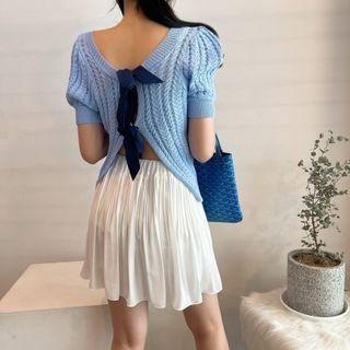 Bow-back Cable-knit Short-sleeve Knit Top / Pleated Mini Skirt